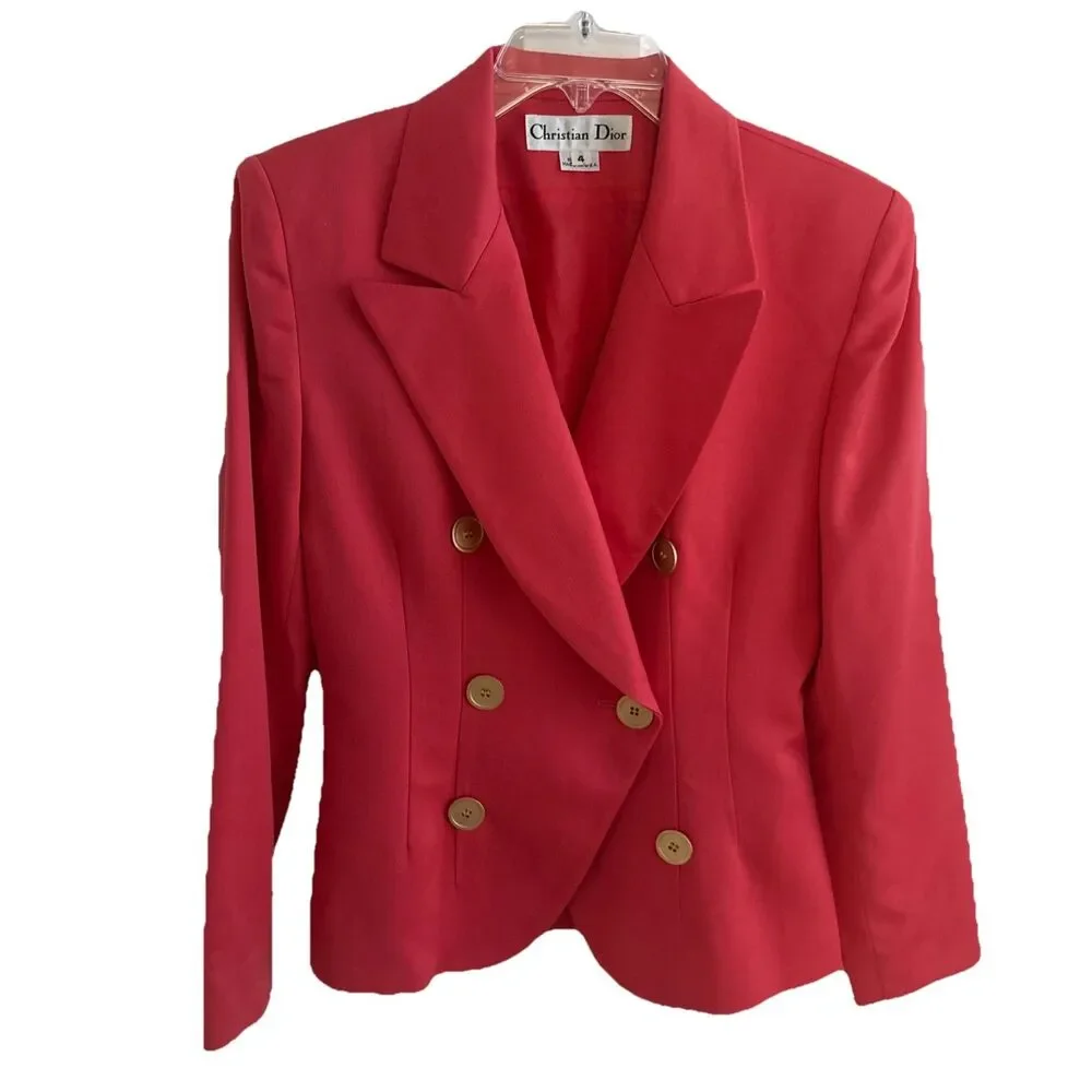 VTG CHRISTIAN DIOR Wool Coral salmon pink Gold Buttons Blazer Jacket Size 4 XS